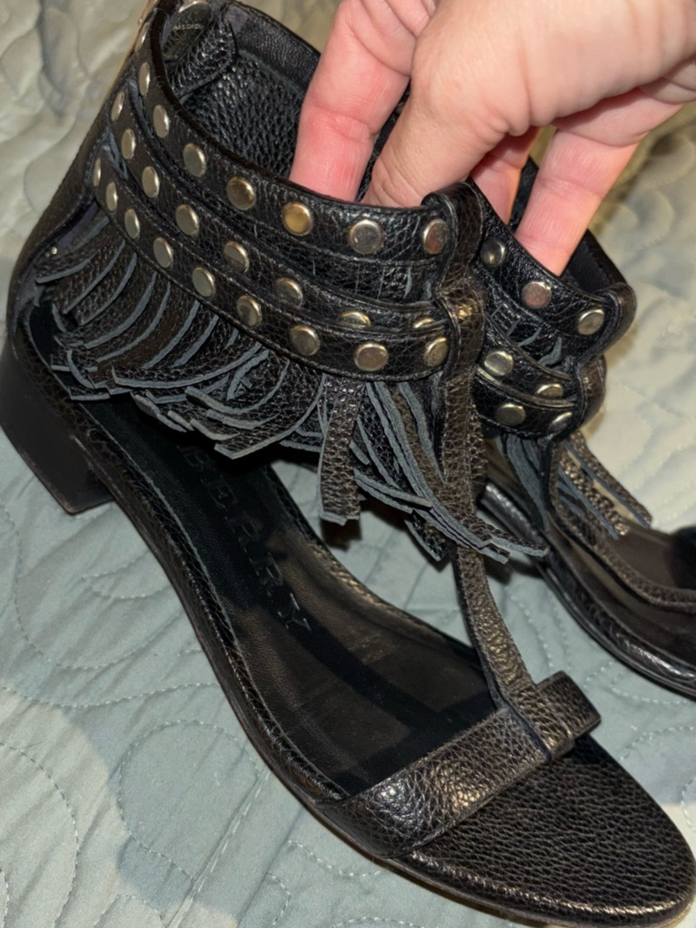 Burberry Black Studded Fringe Leather Sandals - Picture 6 of 8